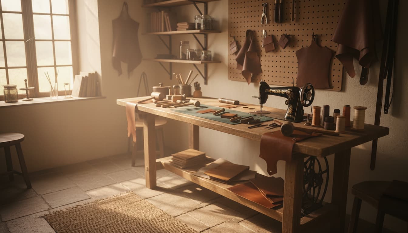 Établi d'atelier de sellier avec outils de travail du cuir