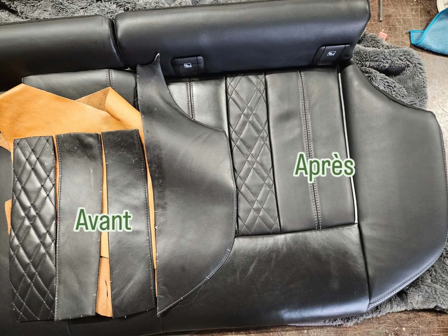 Dossier de banquette en cuir noir surpiqué en losanges : anciennes pièces retirées et nouvelles pièces cousues