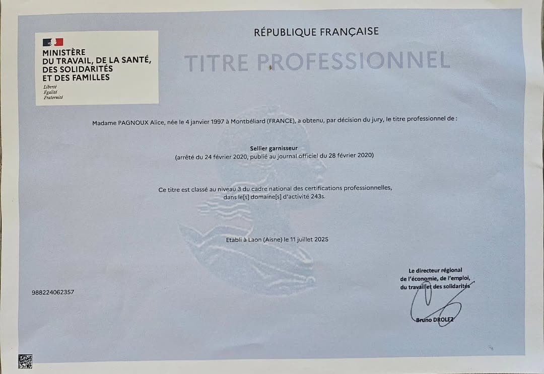 Diplôme de l'EDC École du Cuir d'Alice Pagnoux